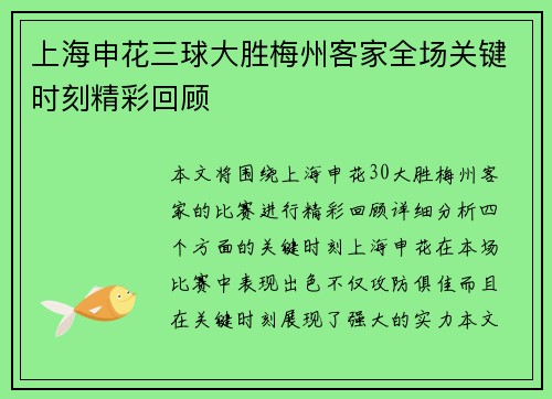 上海申花三球大胜梅州客家全场关键时刻精彩回顾